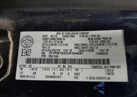 2018 Ford F-150 Lariat from USA, damaged, VIN 1FTFW1EG3JFD44697